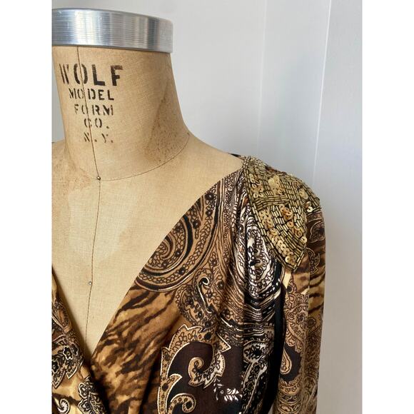 Cache Paisley Vintage Faux Wrap Dress with Gold Beaded Shoulders size S - Picture 2 of 10